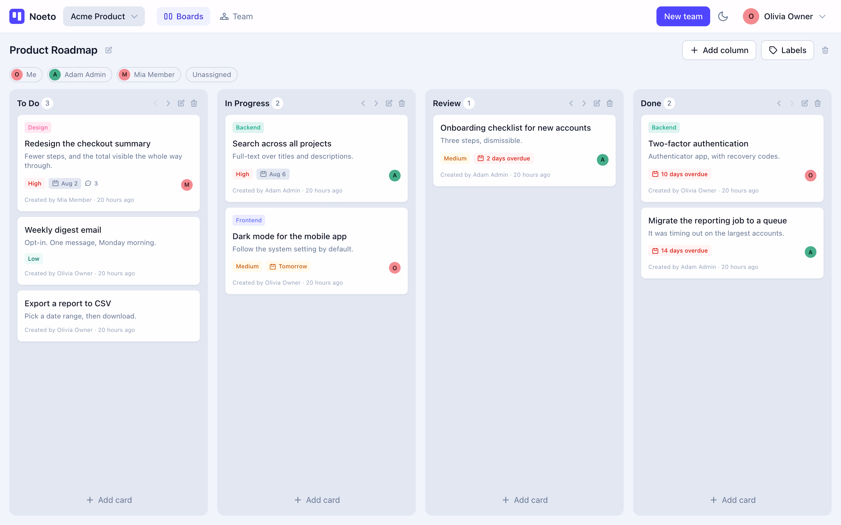 The Noeto board: four columns with their card counts, and cards carrying labels, due dates and assignee avatars.
