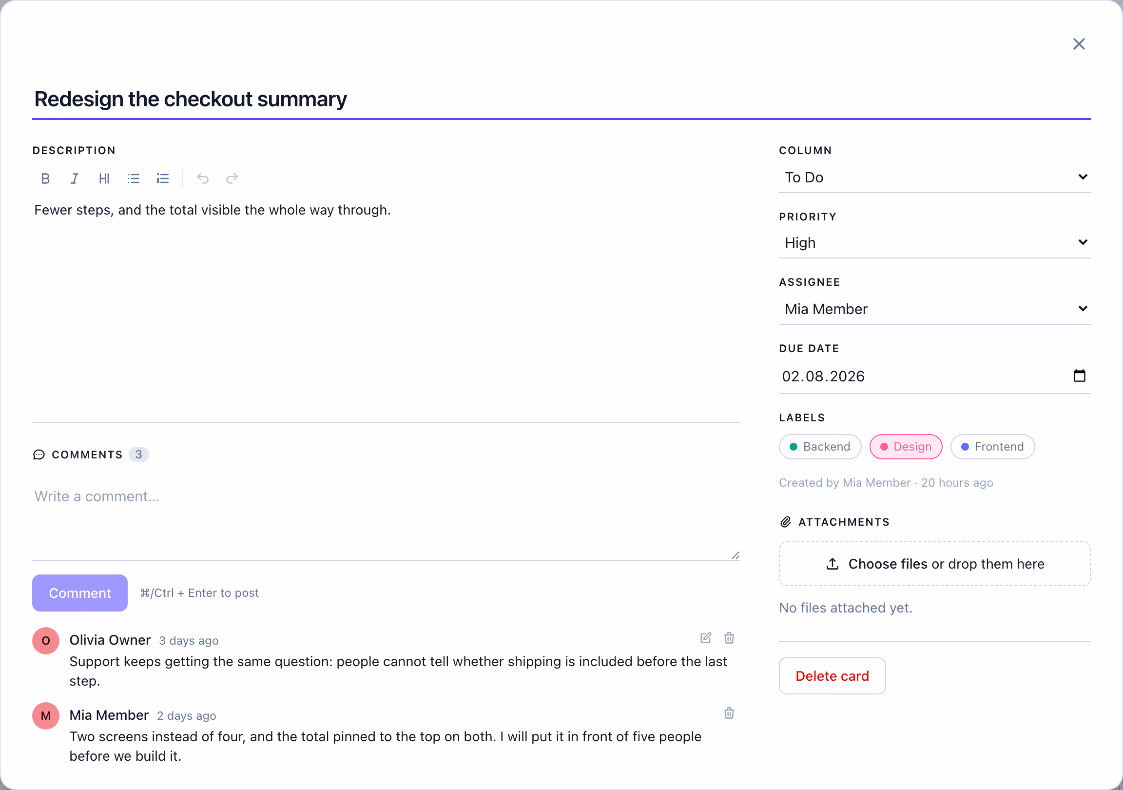 A Noeto card open: description, column, priority, assignee, due date, labels, who created it, and a comment thread.