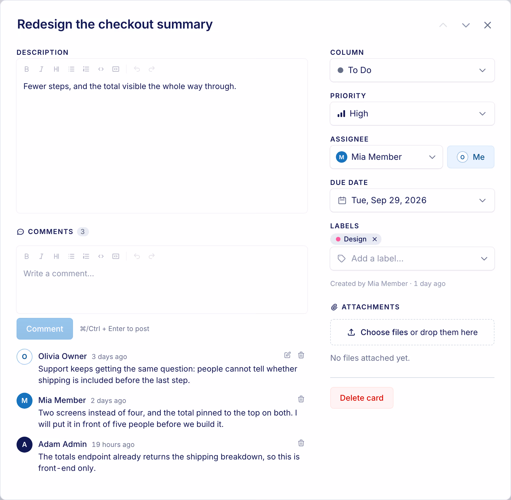 A Noeto card open beside its board: description and comments on the left; column, assignee, priority, due date and labels on the right.