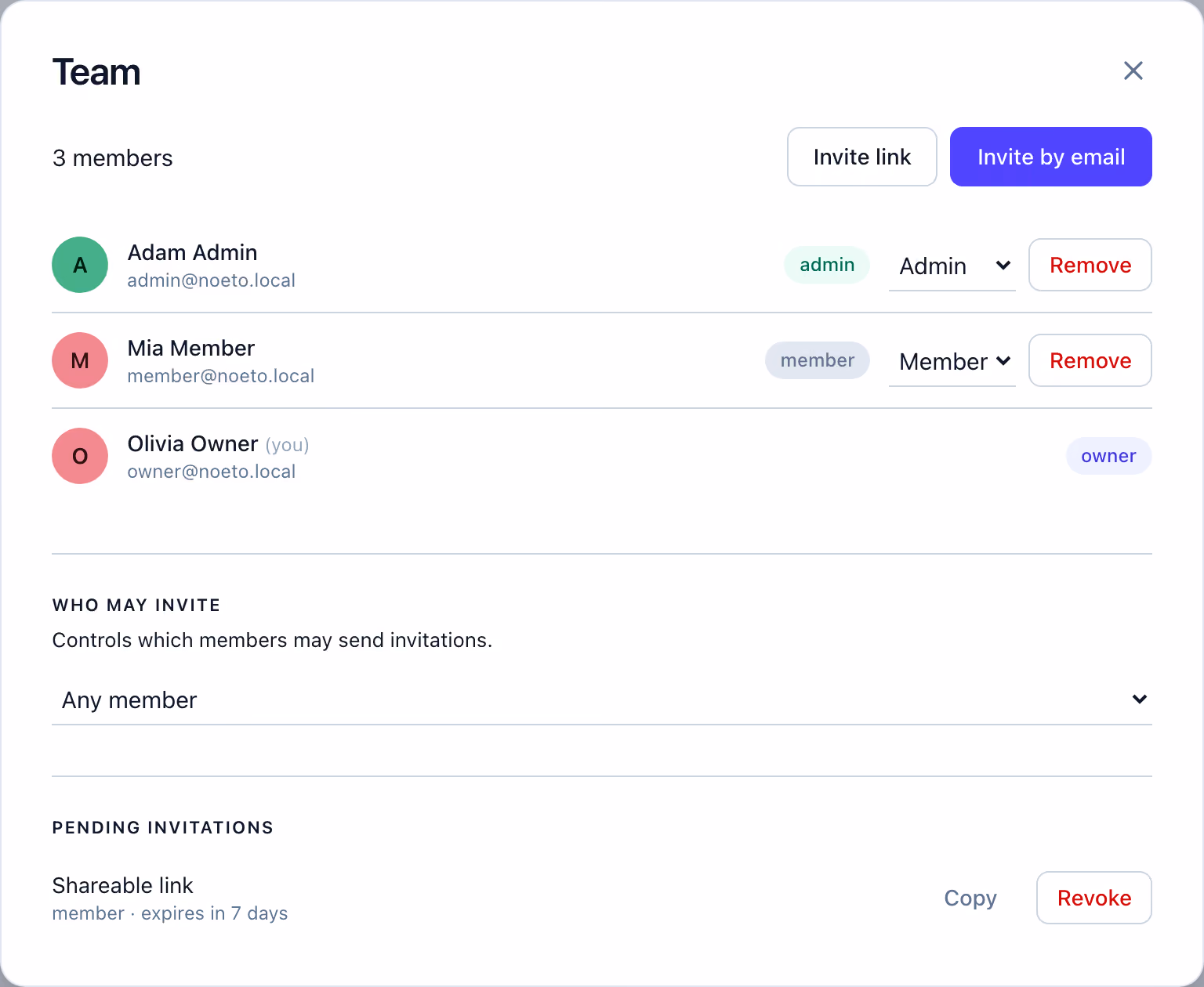 The Noeto team dialog: three members at owner, admin and member, and the invite policy.