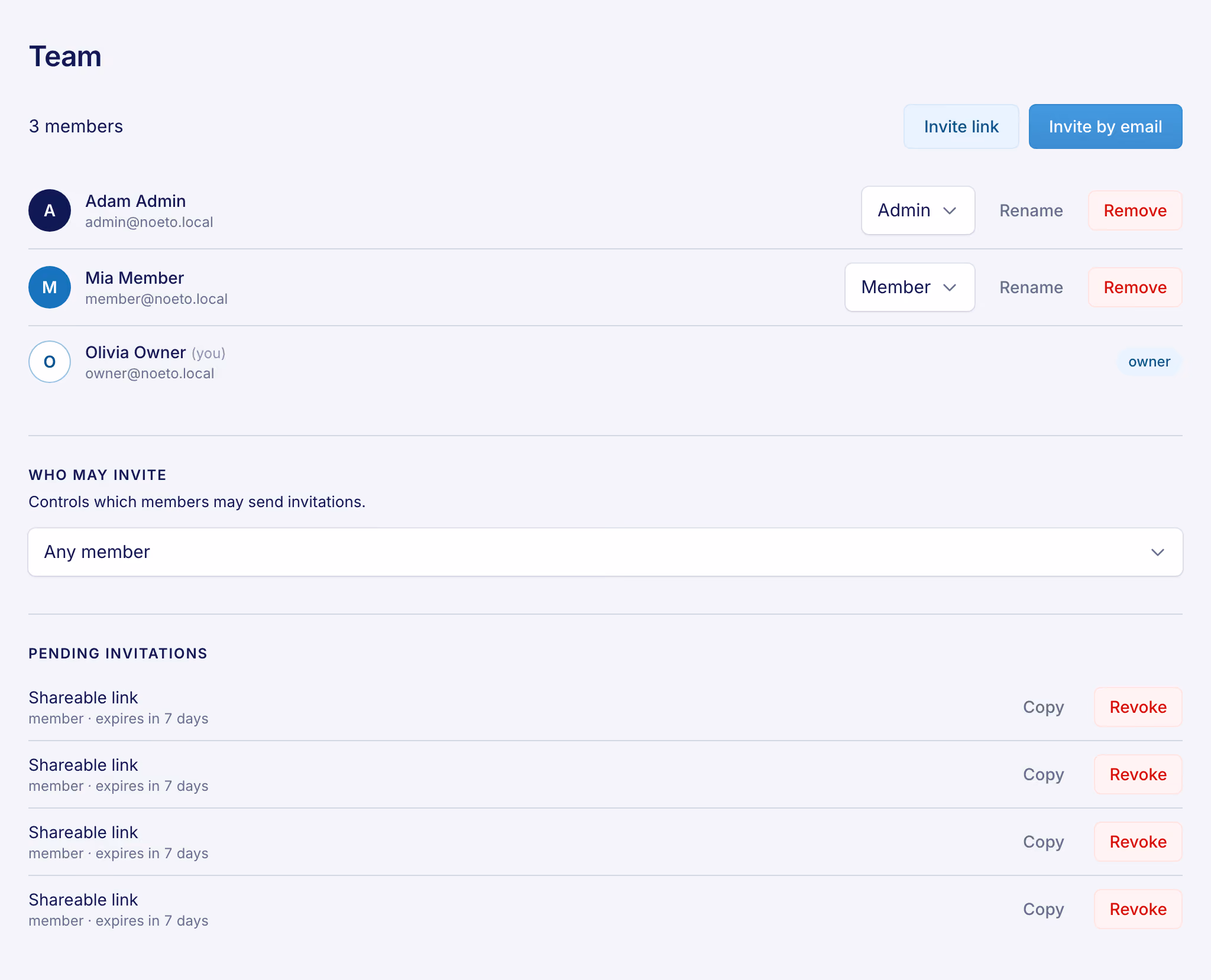The Noeto Team page: members at owner, admin and member, pending invitations and the invite policy.