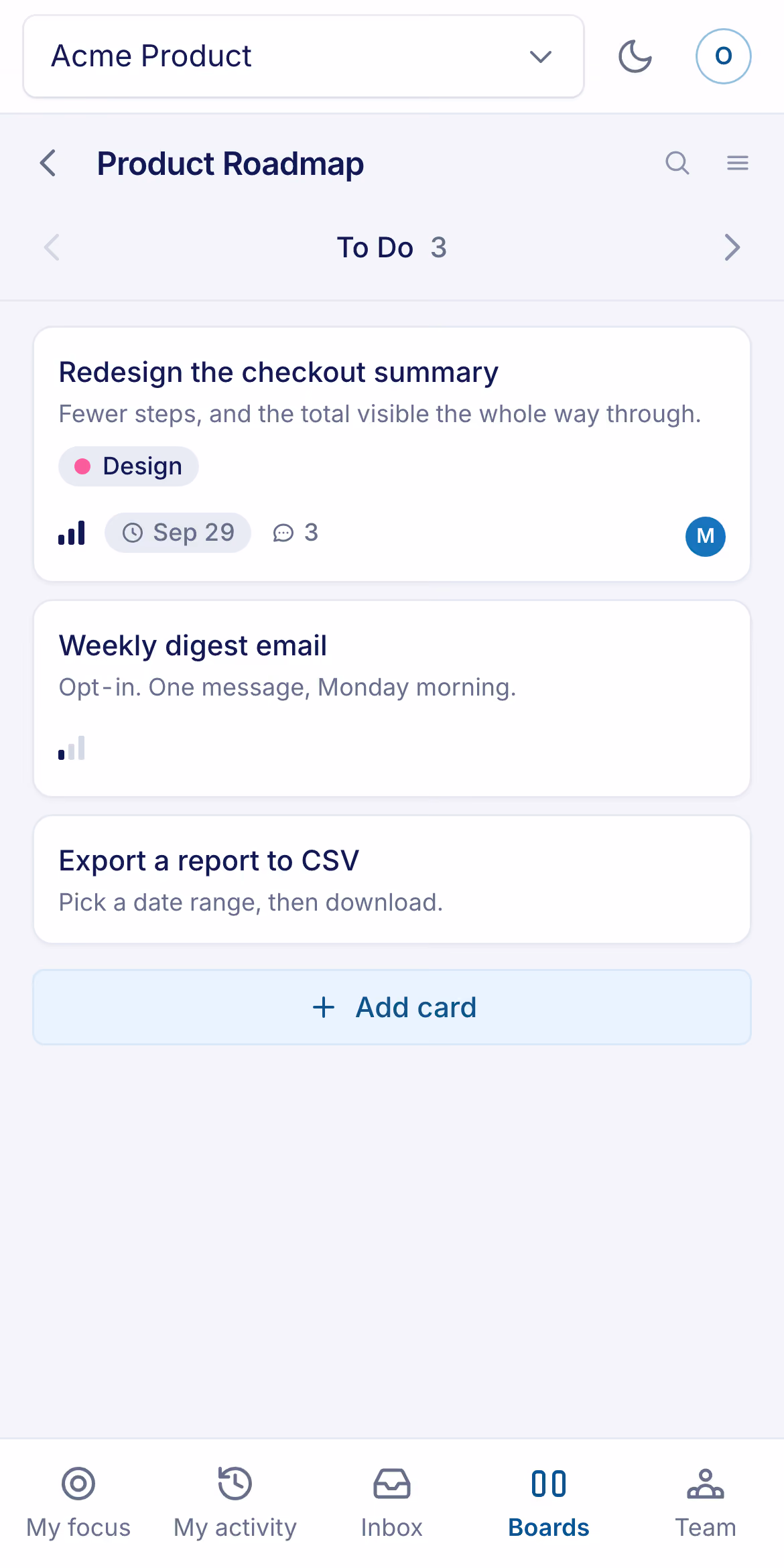 The same Noeto board on a phone, with My focus, My activity, Inbox, Boards and Team along the bottom.